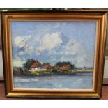 Geoffrey Chatten 1938- framed, oil on board broadland scene of a farm house on the river bank,