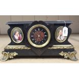 An unusual late Victorian chiming mantel clock with black slate case and two hand painted miniature