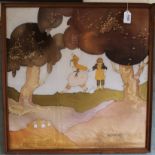 A hand painted on silk print of children in the woods, indistinctly signed, c.