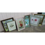 A selection of nine assorted framed and glazed watercolours and prints of floral subjects