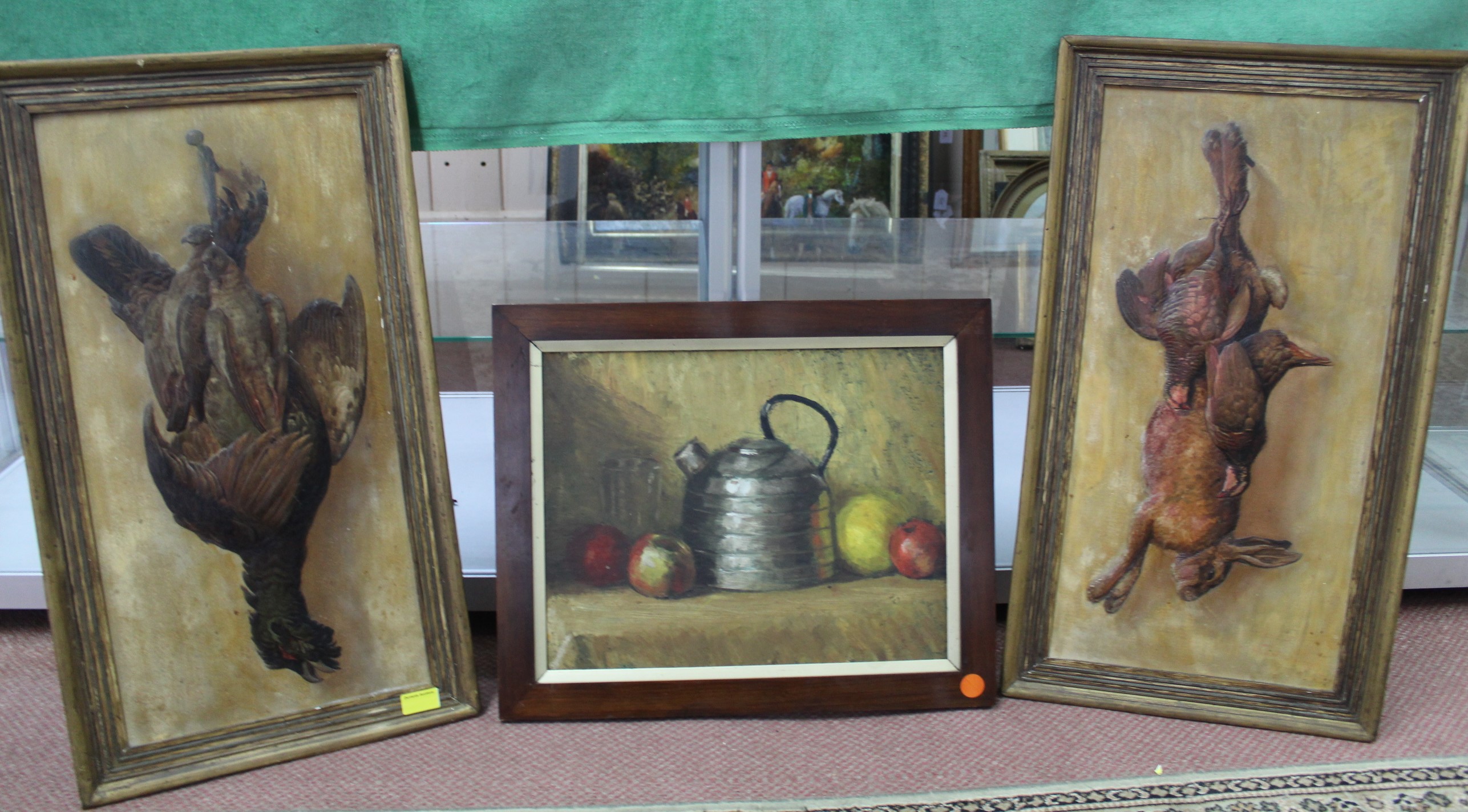 Two unusual late 19th Century embossed card paintings one of hanging gamebirds and the other a hare