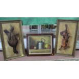 Two unusual late 19th Century embossed card paintings one of hanging gamebirds and the other a hare