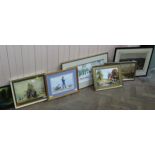 Eight various framed pictures including an oil on canvas of cattle crossing a river bridge,