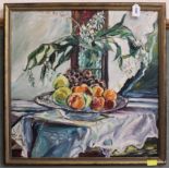A mid 20th Century framed oil on board still life of fruit and flowers