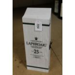 A 70cl bottle of Laphroaig twenty five year old Islay single malt whisky in presentation wooden box