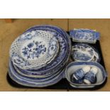 A selection of 19th Century blue and white tablewares, meat plates, butter dish, pickle dishes etc,