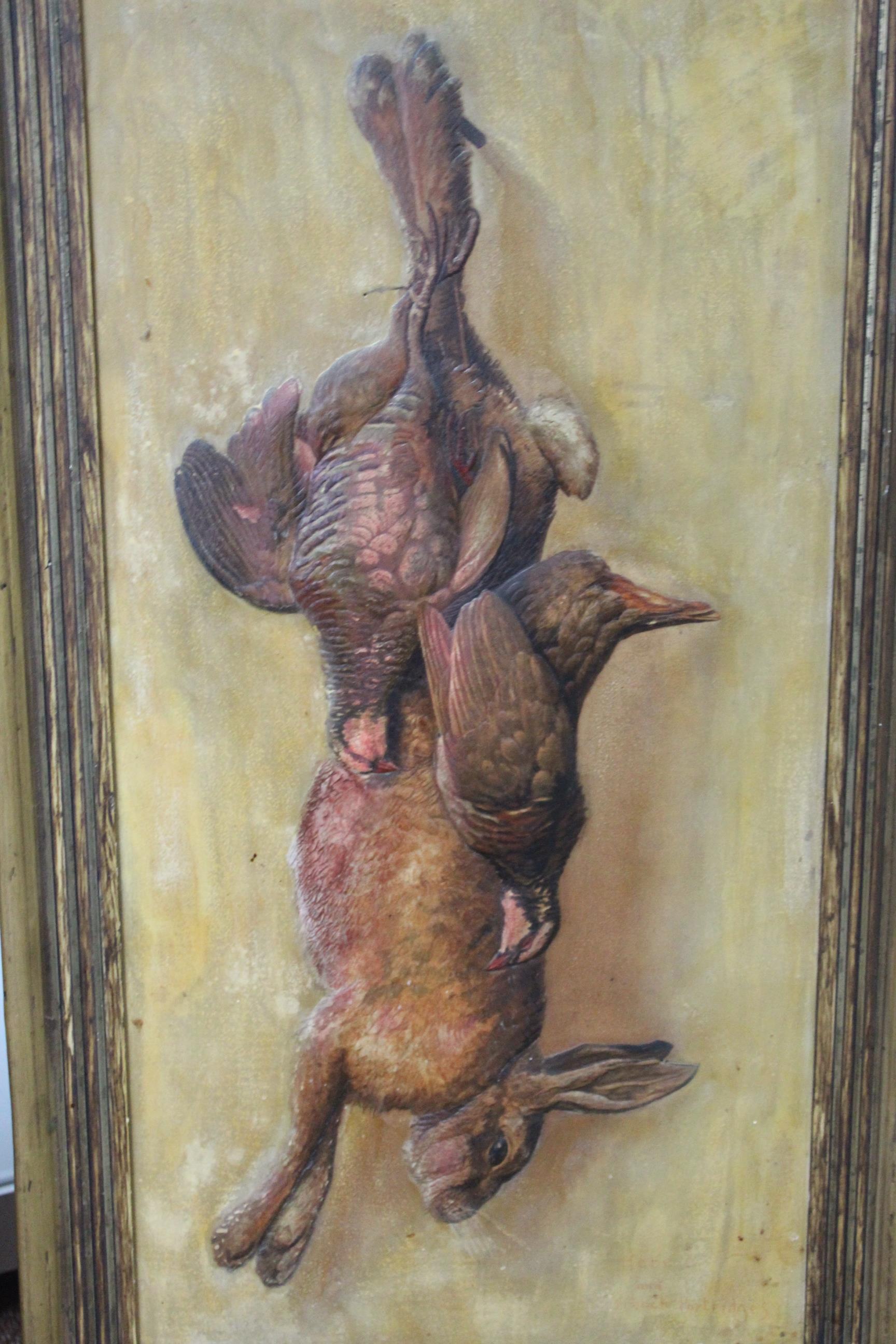 Two unusual late 19th Century embossed card paintings one of hanging gamebirds and the other a hare - Image 4 of 4