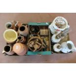 A box of terracotta jugs, three oil lamps, a large water jug, a box containing wooden bowl,
