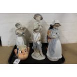 Four Lladro Nao figurines plus two Goebel monkey figures