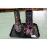 Two iridescent glass vases in Art Nouveau pewter mounts in the style of Loetz