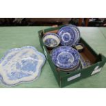 A box of vintage blue and white tableware including Wedgwood and Willow pattern plates plus a large