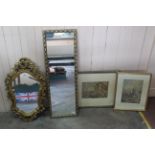 Two 19th Century framed watercolours of continental street and river scenes plus two gilt mirrors