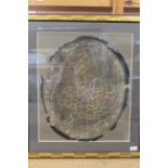 An oval silk map of England and Wales by Mary Ann Hunt 1798, mounted and framed,