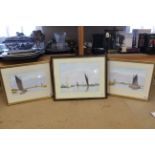 Three framed watercolours of broadland scenes with wherries by David Fuller