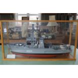 A scratch built at Lowestoft cased model of HMS Arun River Class Fleet Minesweeper,