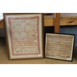 A framed alphabet sampler by Emily Maria Sandalls May 12th 1873 plus one other with verse by Minnie