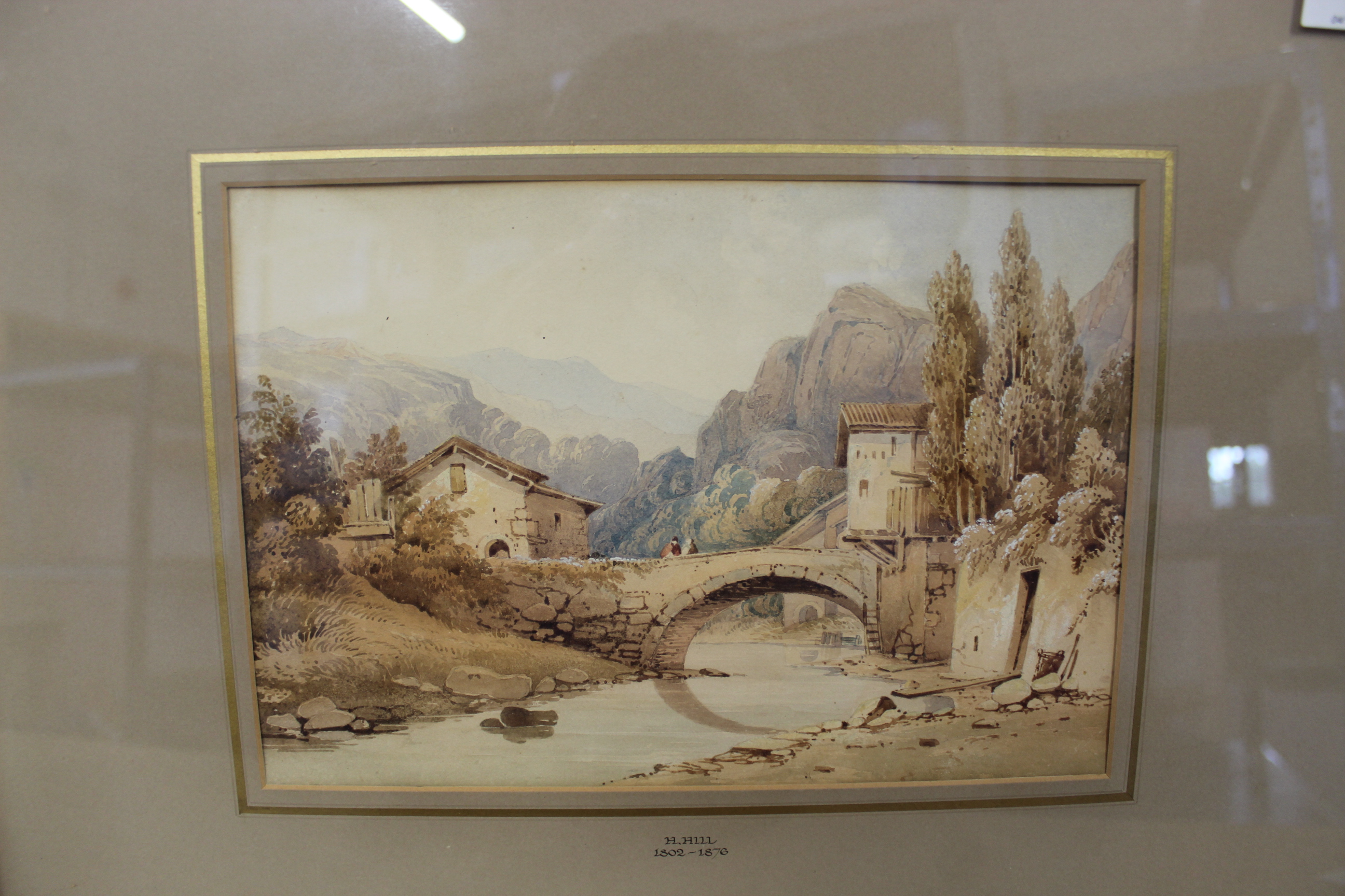 A framed watercolour inscribed on mount 'H Hill 1802-1876' of a mountain village with bridge, - Image 4 of 4