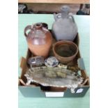 A box with black finish Greek style amphora, a stoneware flagon, Art pottery vessels,