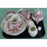 A selection of Masons Vista pattern pink and white wares plus also other similar items