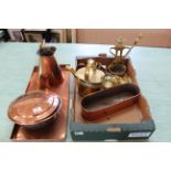 A selection of copper and brass including a brass watering can, a 19th Century copper bed warmer,