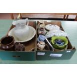 Two boxes of assorted china including a pair of Satsuma vases, tureens, Wedgwood boxes,
