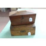 A Victorian mixed wood box with metal ornamentation to corners,