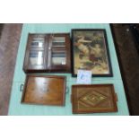 A late 19th Century mahogany collectors glazed wall cabinet, two decorated wooden trays,