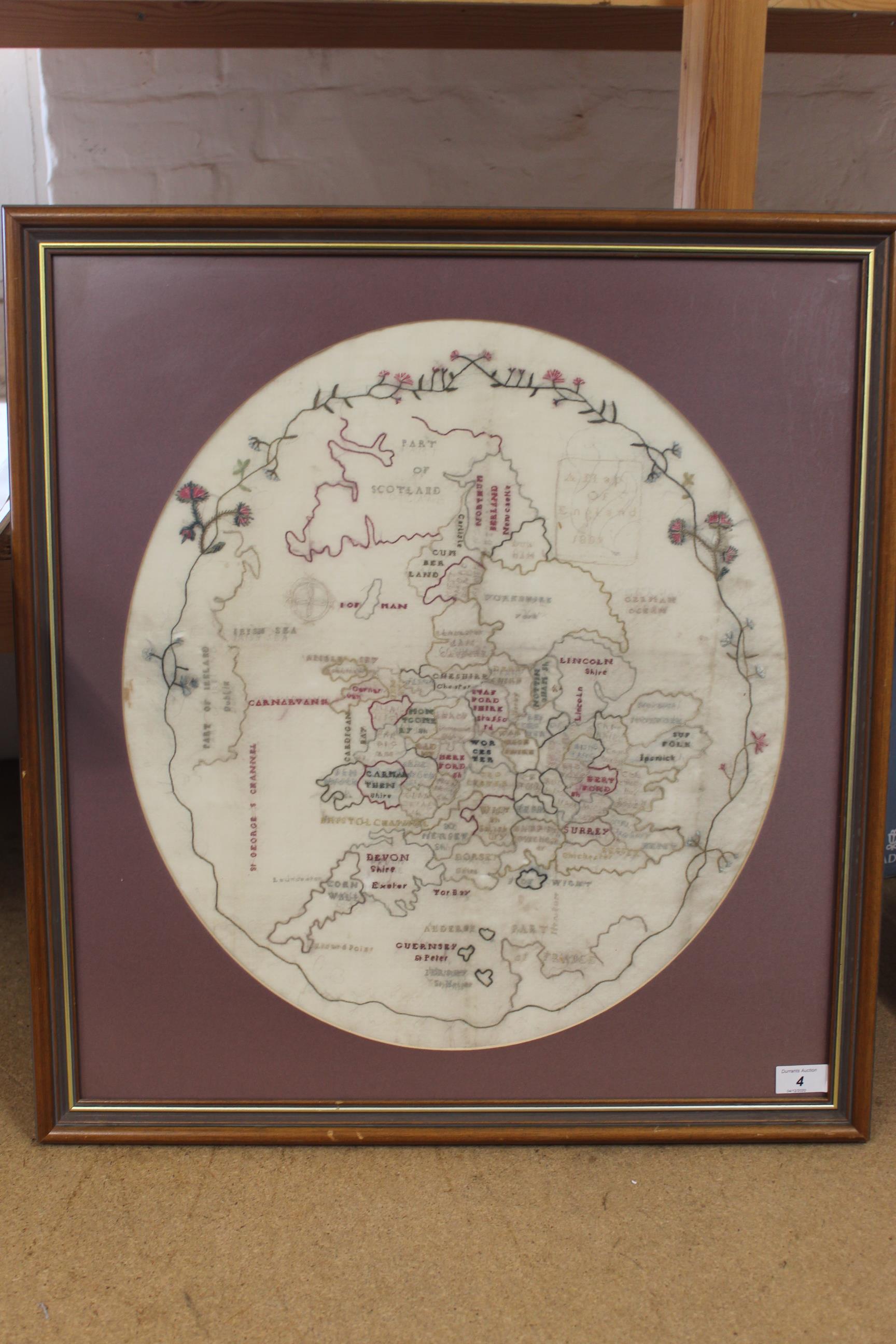 An oval embroidered silk map of England 1809,