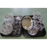 Two trays containing four cut glass fruit bowls, custard cups, sherry and wine glasses,