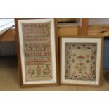 A framed sampler by Margaret Harley aged 9 plus another by Emma Rance