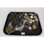 A box of assorted watch and clock spares including clock keys and carved finials