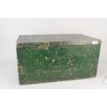 A vintage pine painted box containing assorted mantel and alarm clocks