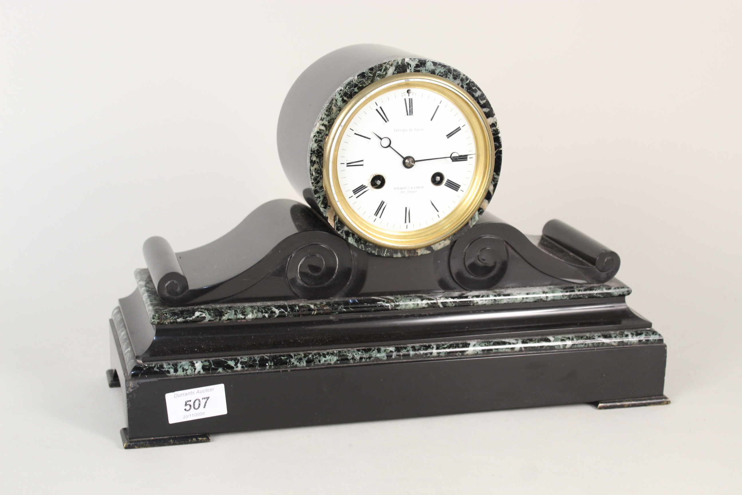 A French marble mantel clock marked Wilson & Gandar 392 Strand Fabrique de Paris