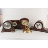 Five assorted oak and brass mantel clocks (as found)