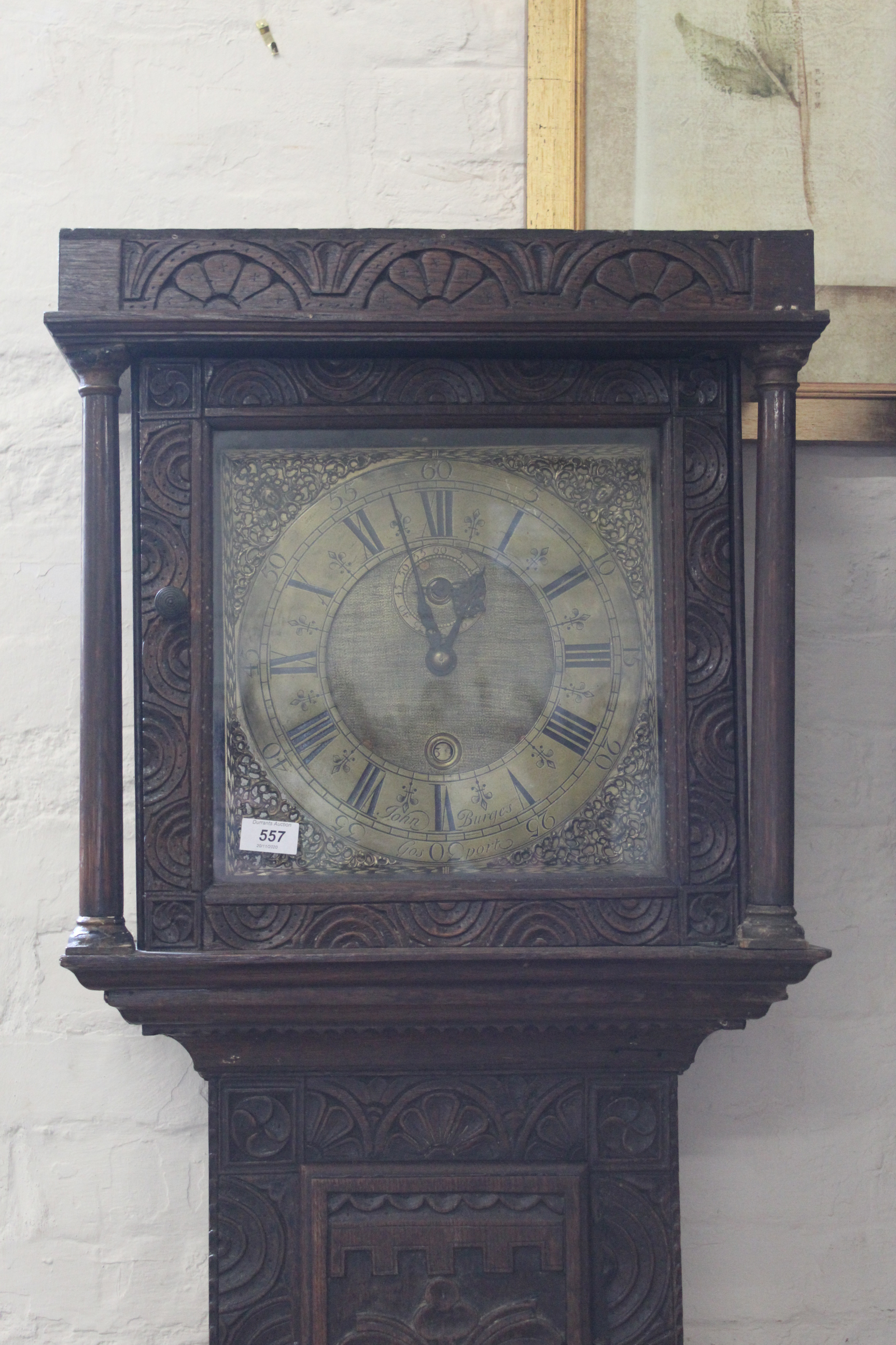 An early oak cased 8 day long case clock with later carving to case,