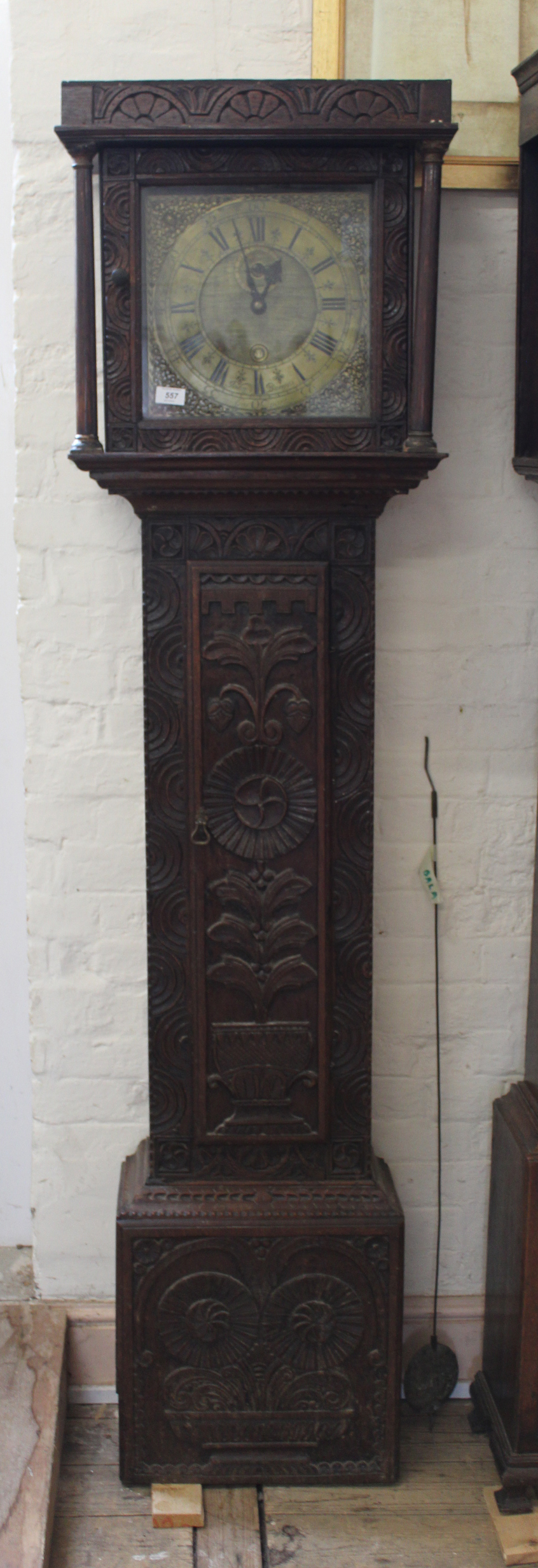 An early oak cased 8 day long case clock with later carving to case, - Image 2 of 3