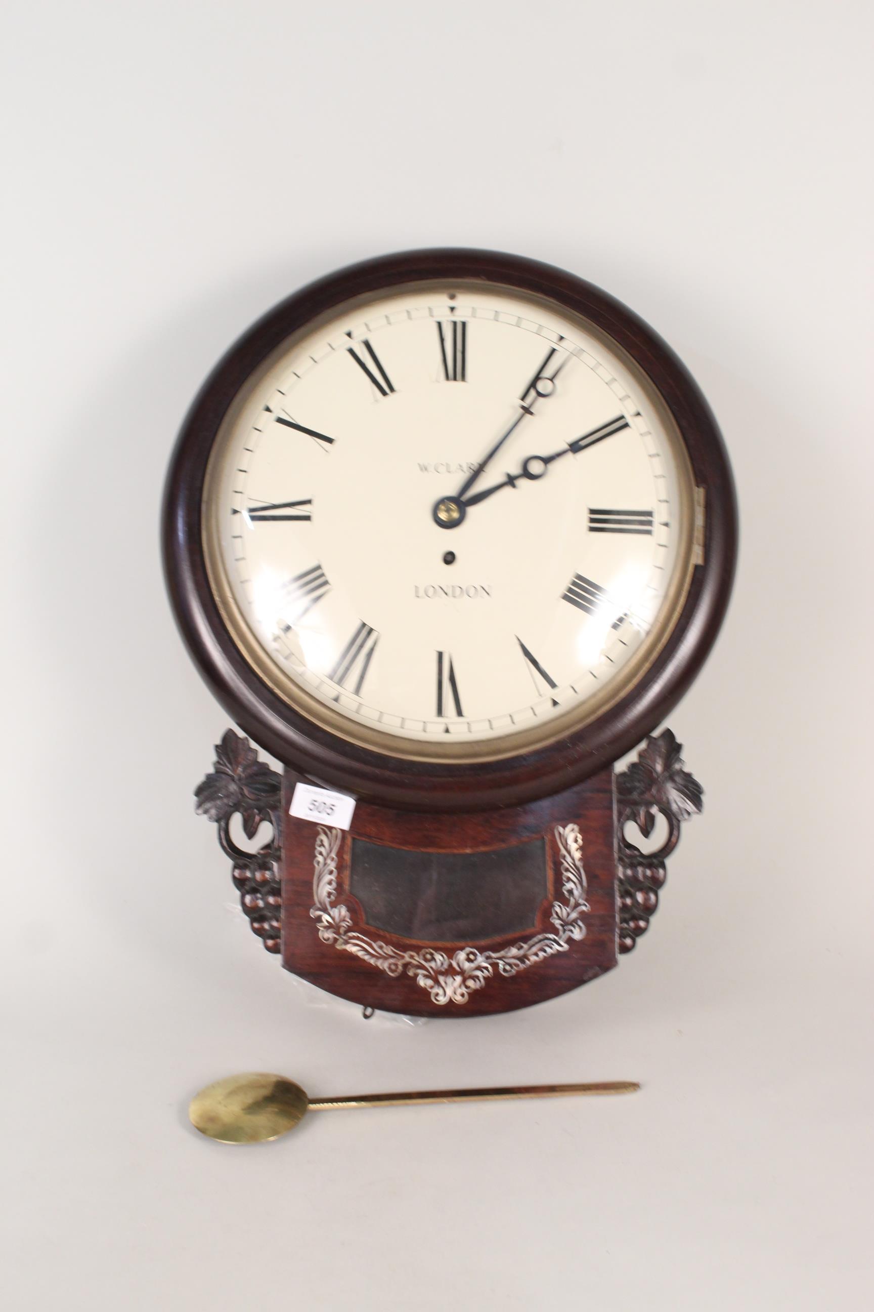A mid 19th Century rosewood cased fusee wall clock by W Clark,