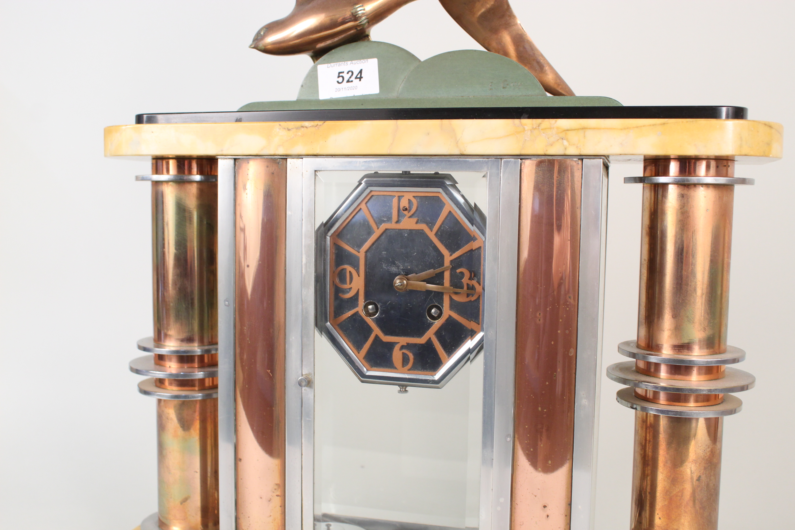 A French Art Deco marble, chrome, brass and bronze mantel clock, signed E Guy, - Image 3 of 4