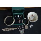 Silver Items Including Bracelets, Fobs, Crucifix,