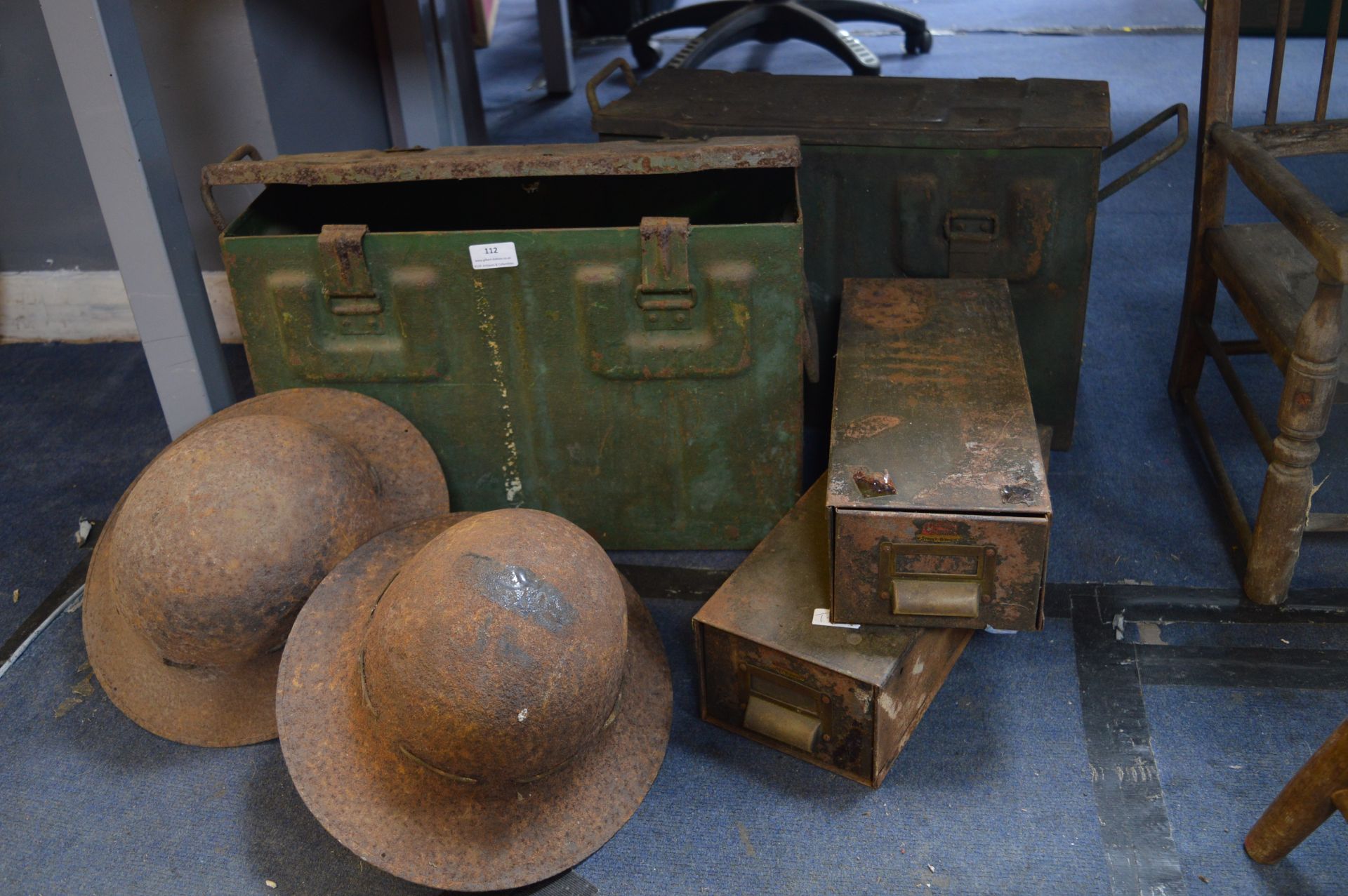 Two Metal Ammunition Boxes and Two Home Guard Helm