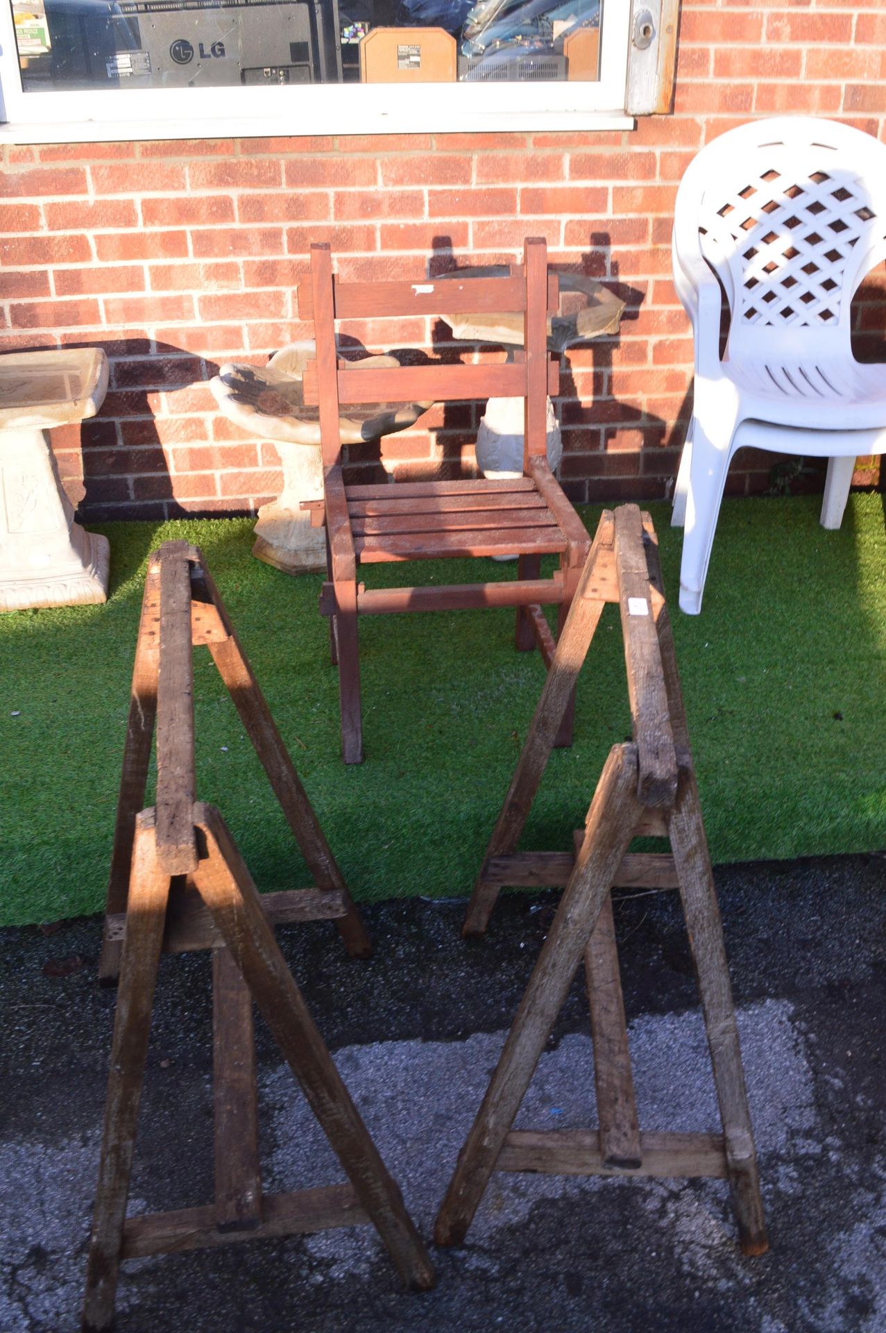 Pair of Wooden Trestles and a Garden Seat