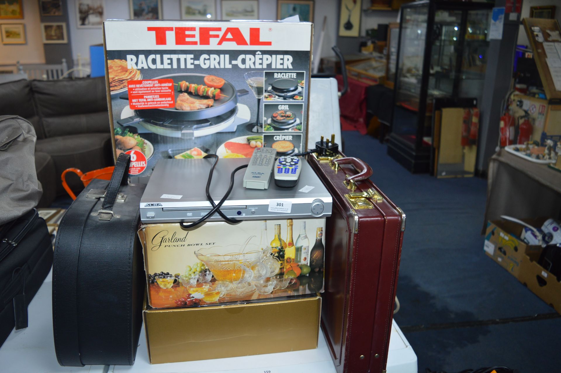 Tefal Grill, Briefcase, Punch Bowl Set, DVD Player