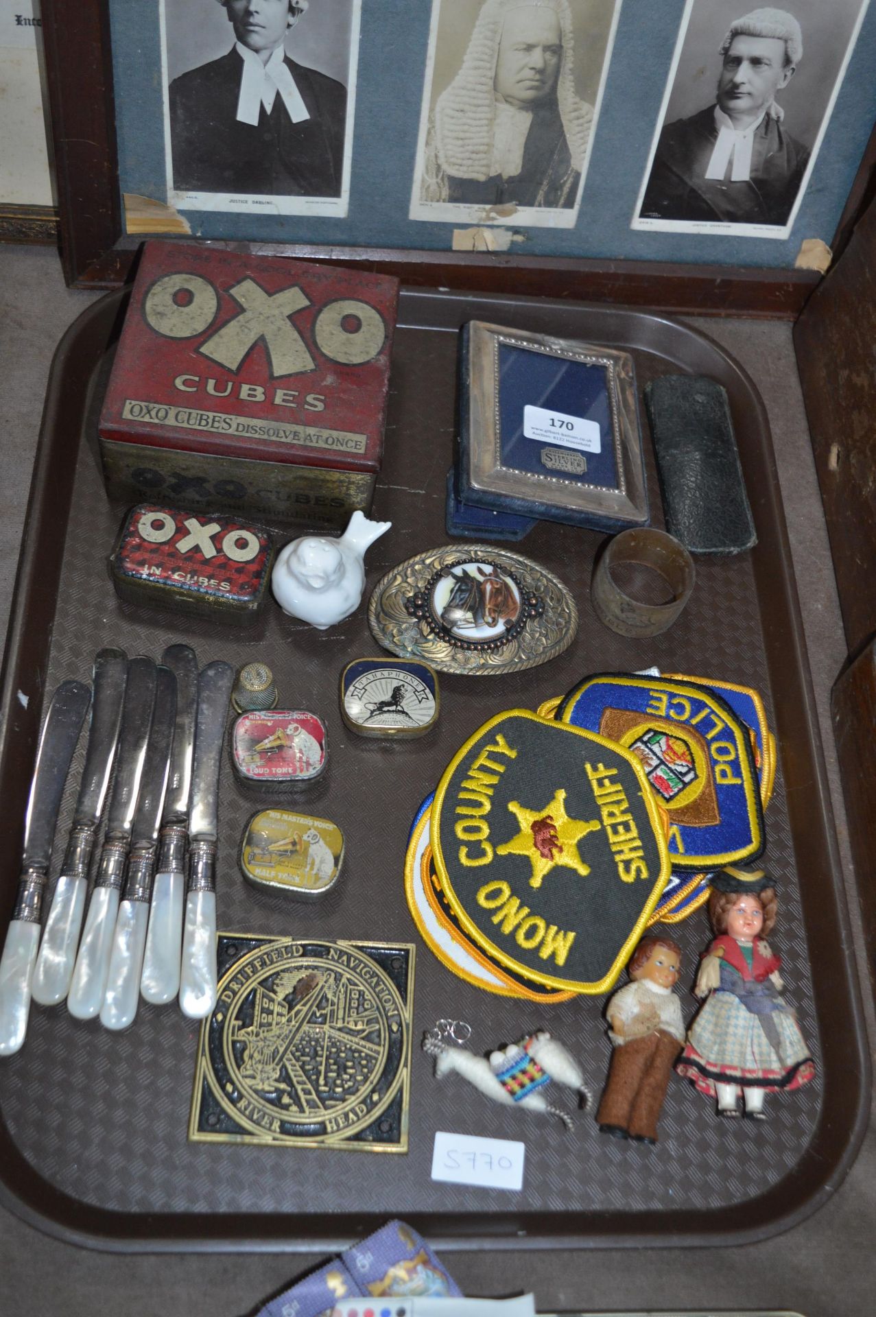 Tray of Collectibles, Tins, Silver Framed Mirror,