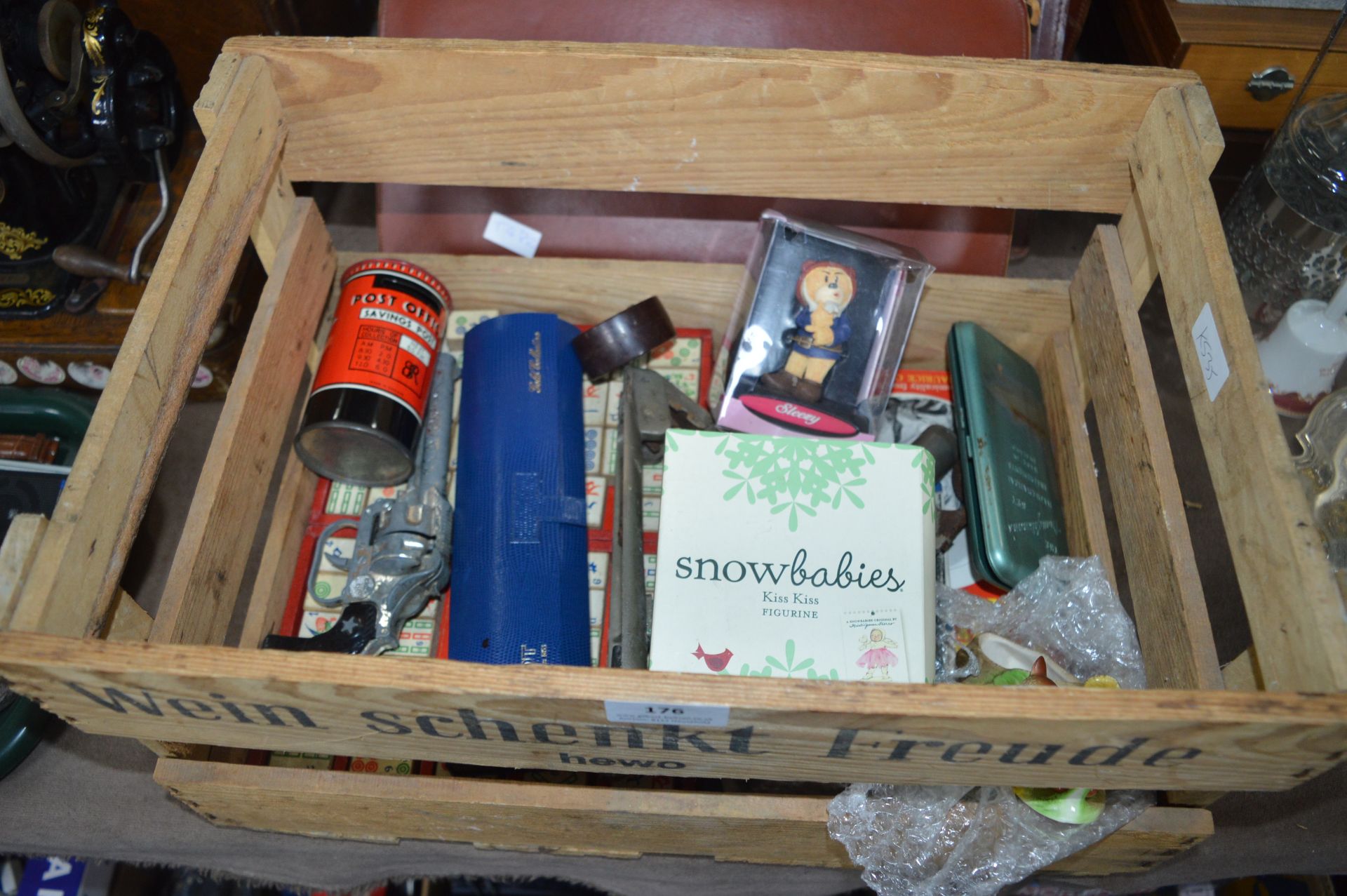 Wooden Crate Containing Collectibles; Money Boxes,
