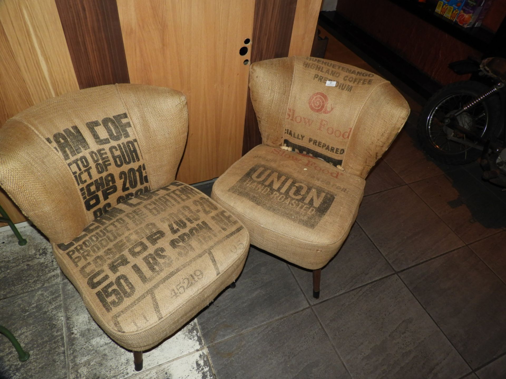 *Pair of Hessian Covered Reception Chairs