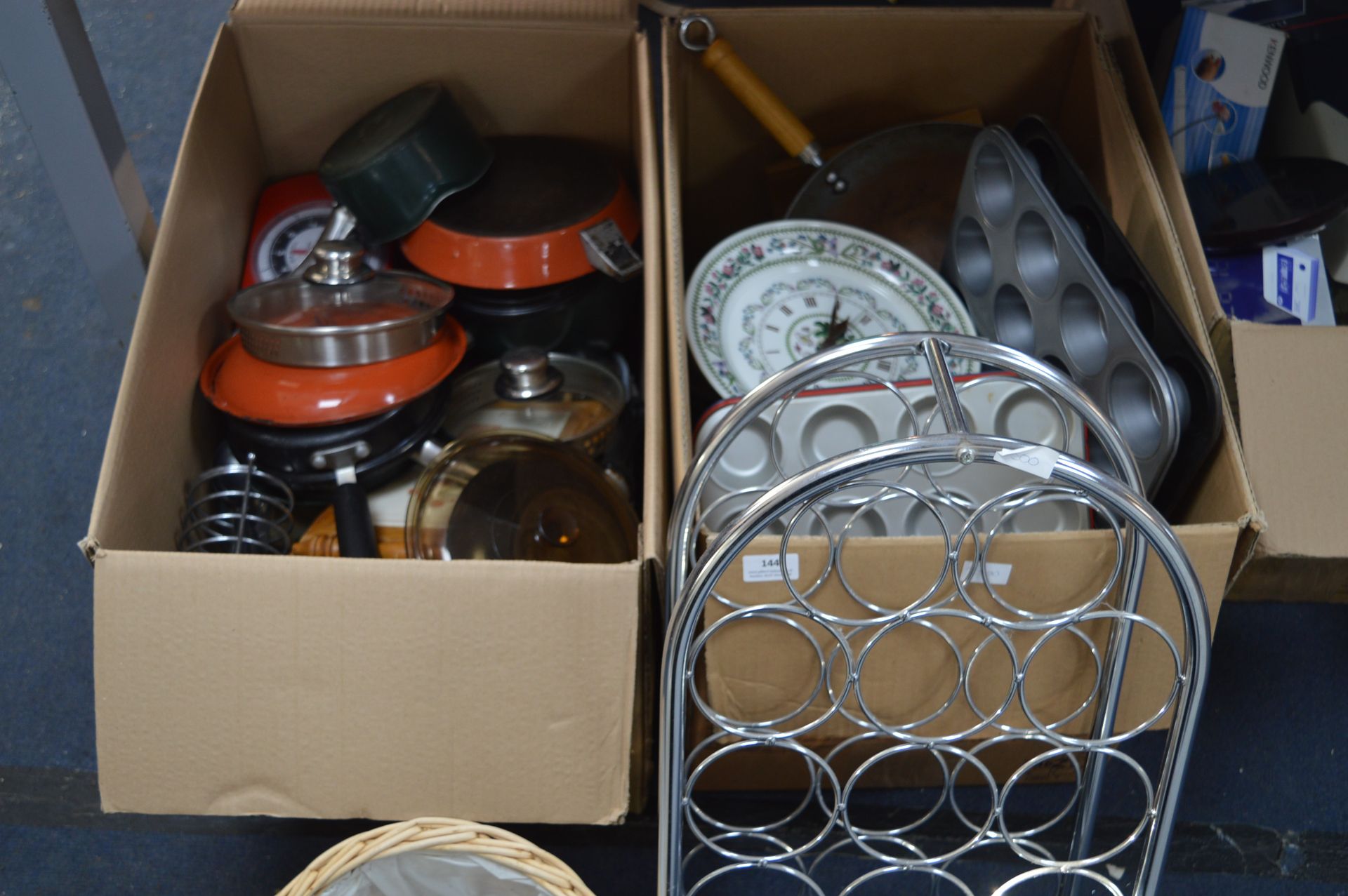 Two Boxes of Household Goods; Kitchenware, Pans, G