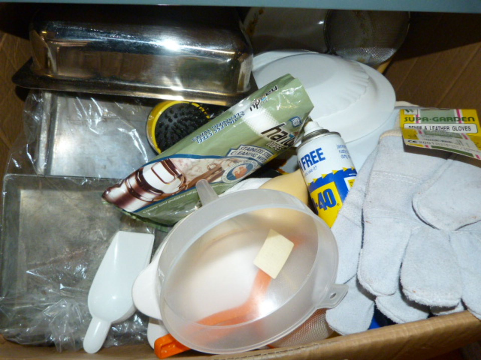 Box of Pottery and Cleaning Products, etc.