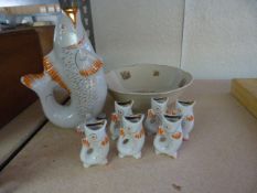 Decorative China Bowl and Five Fish Spill Vases