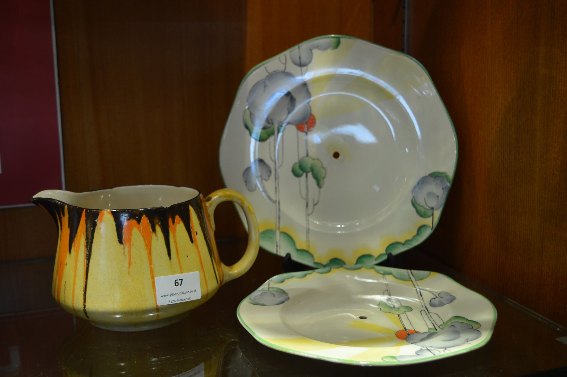 Clarice Cliff Jugs (AF) and a Part Period Cake Sta