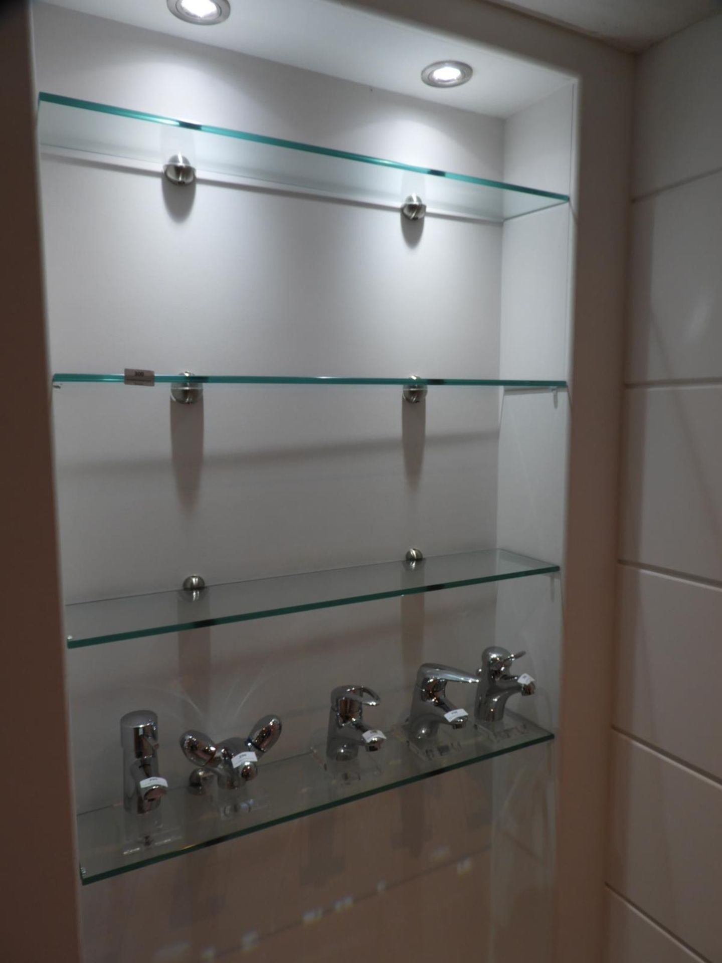 *Set of Four Tempered Glass Shelves with Brushed Stainless Steel Mounts